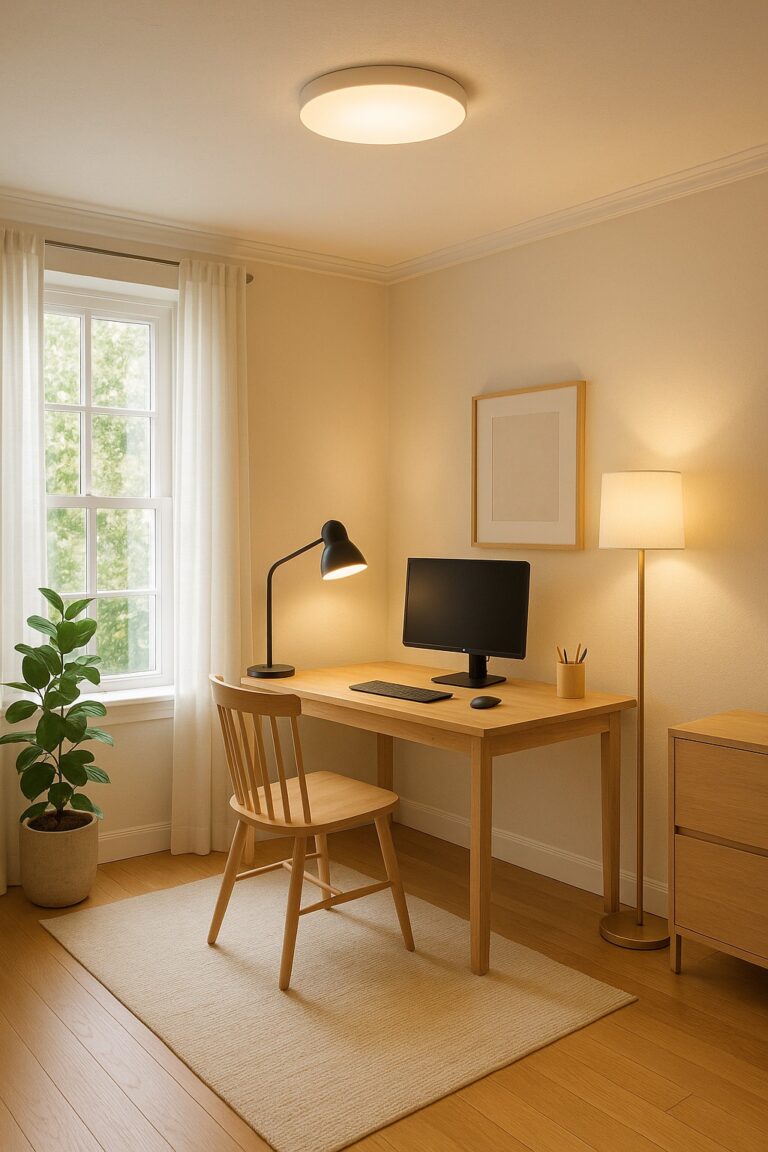 modern home office with warm desk lamp and natural lighting