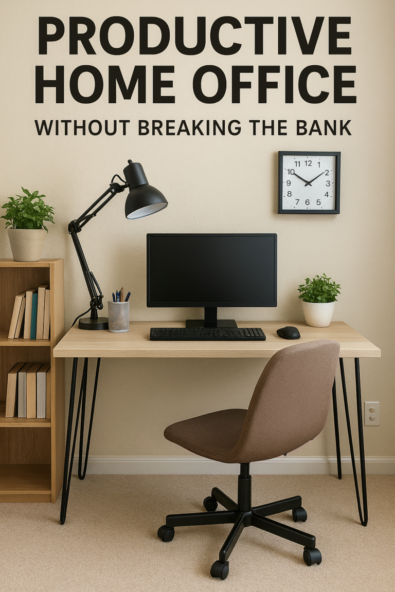 Affordable home office setup with desk, chair, monitor, lamp, and plants for a productive workspace.