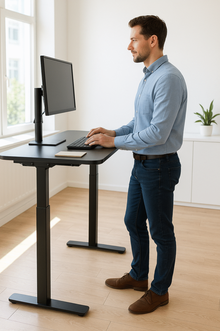 Man working at a standing desk in a bright modern office, maintaining good posture with natural light coming through large windows.